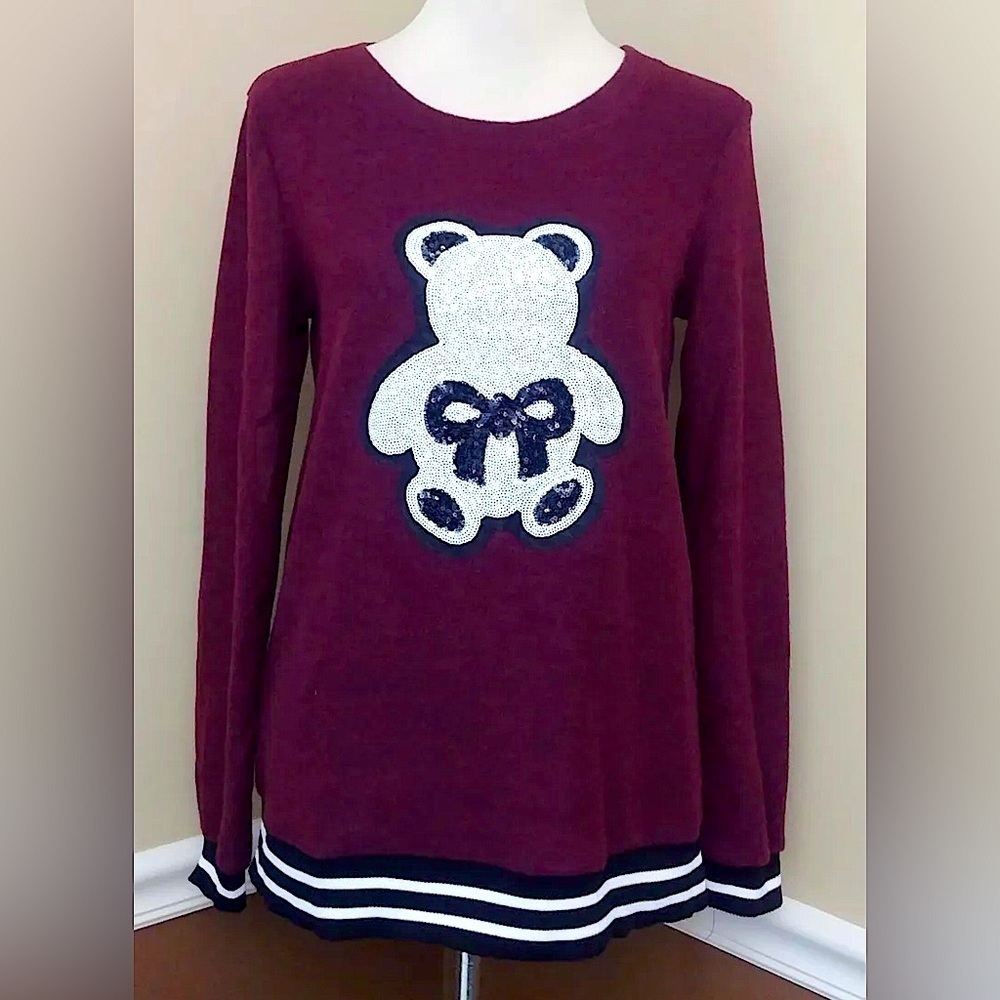 Sequin Teddy Bear Burgundy Sweatshirt Black & White by Le Lis ModCloth Novelty